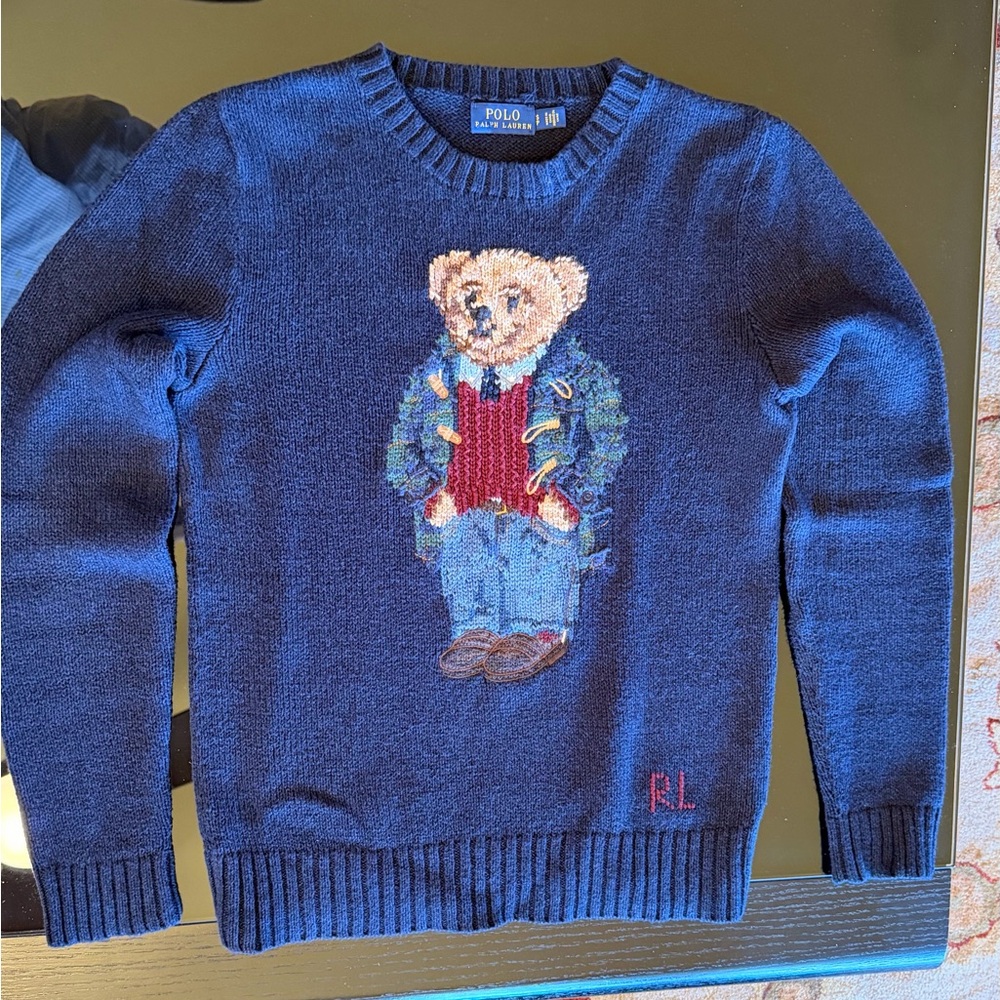 POLO RALPH LAUREN - Polo Bear Navy Crewneck Sweater with Red Accent